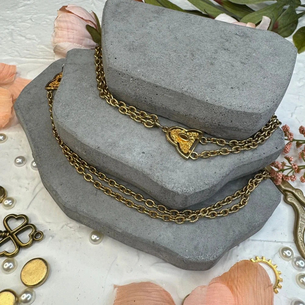 Vintage Gold Tone Multi Strand Chain Belt Long Wrap Necklace Textured Heart 48
